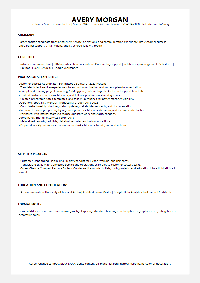 Career Change Compact Black Resume preview