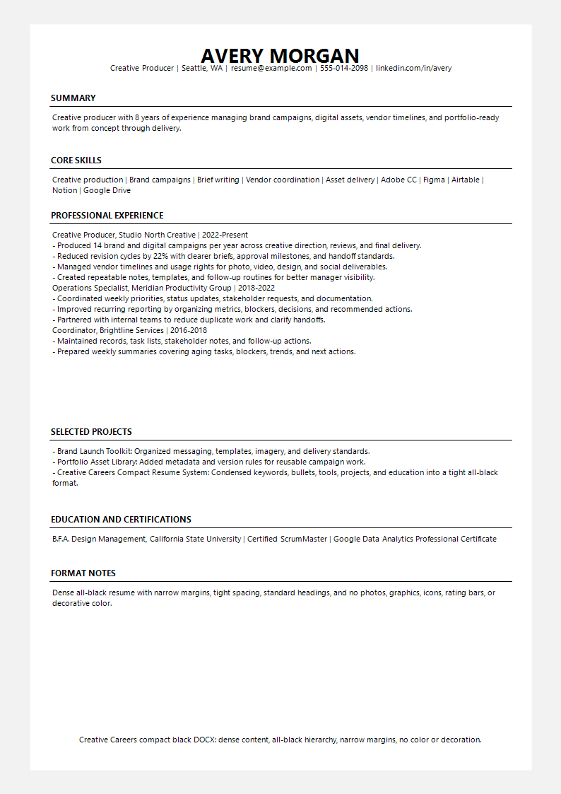 Creative Careers Compact Black Resume preview