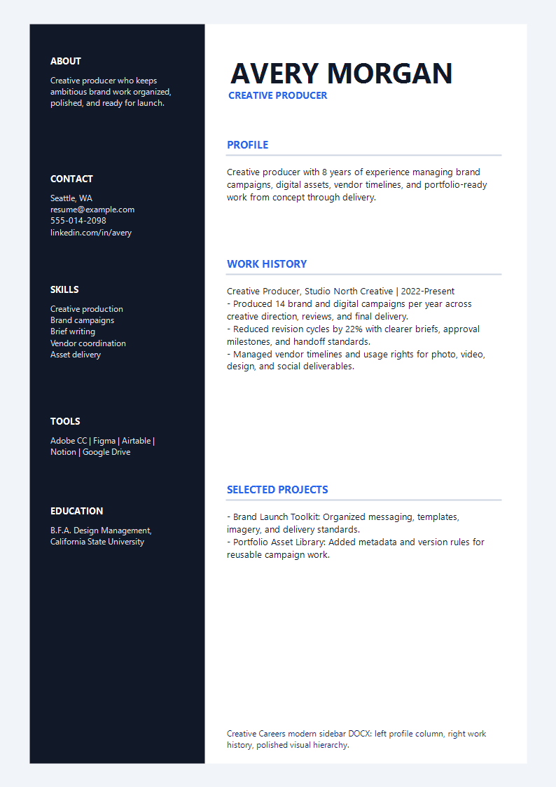 Creative Careers Modern Sidebar Resume preview