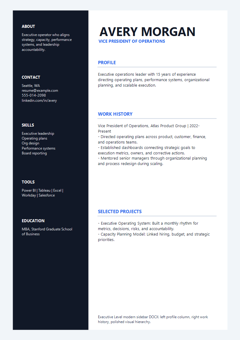 Executive Level Modern Sidebar Resume preview