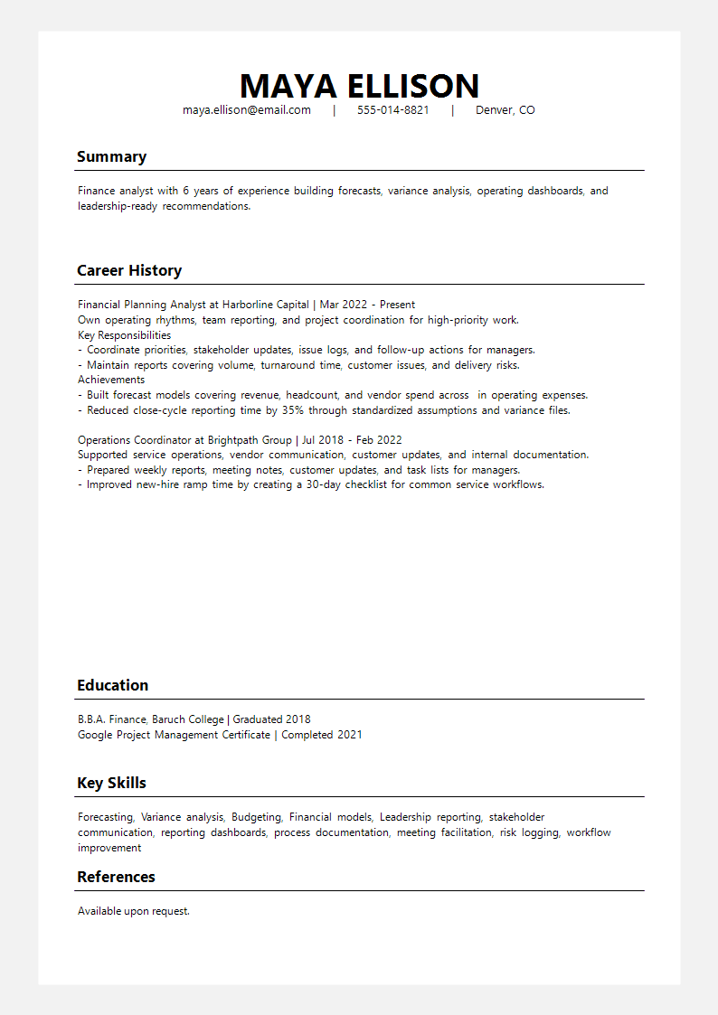 Finance Linear Chronicle Resume preview