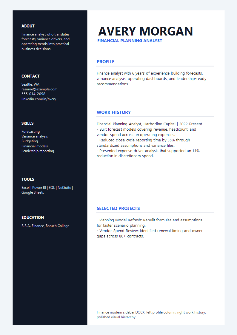 Finance Modern Sidebar Resume preview
