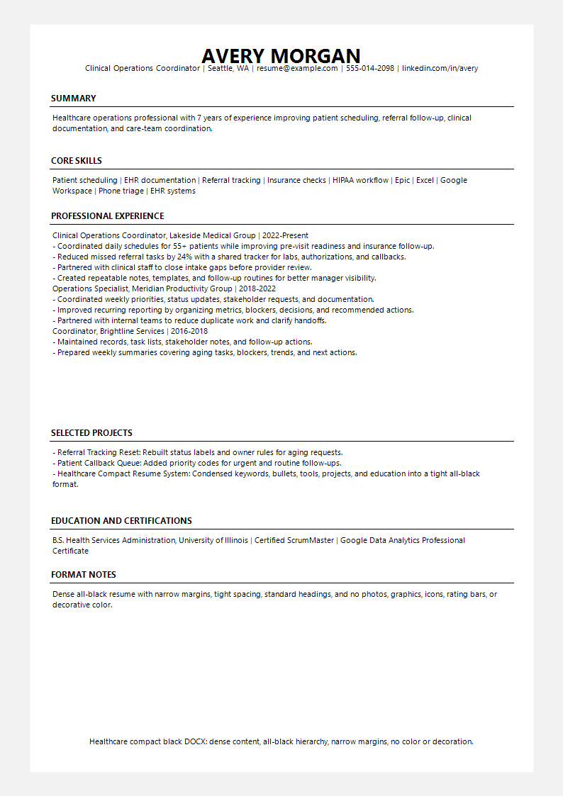 Healthcare Compact Black Resume preview