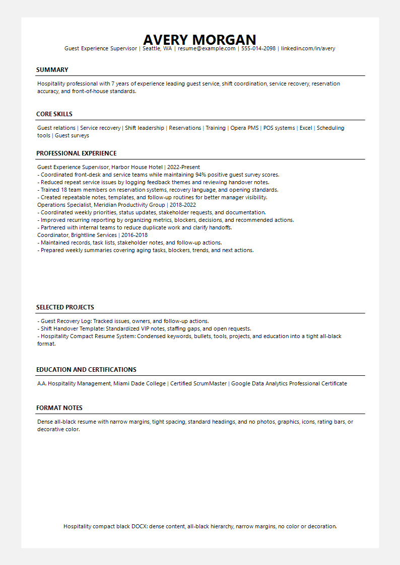 Hospitality Compact Black Resume preview