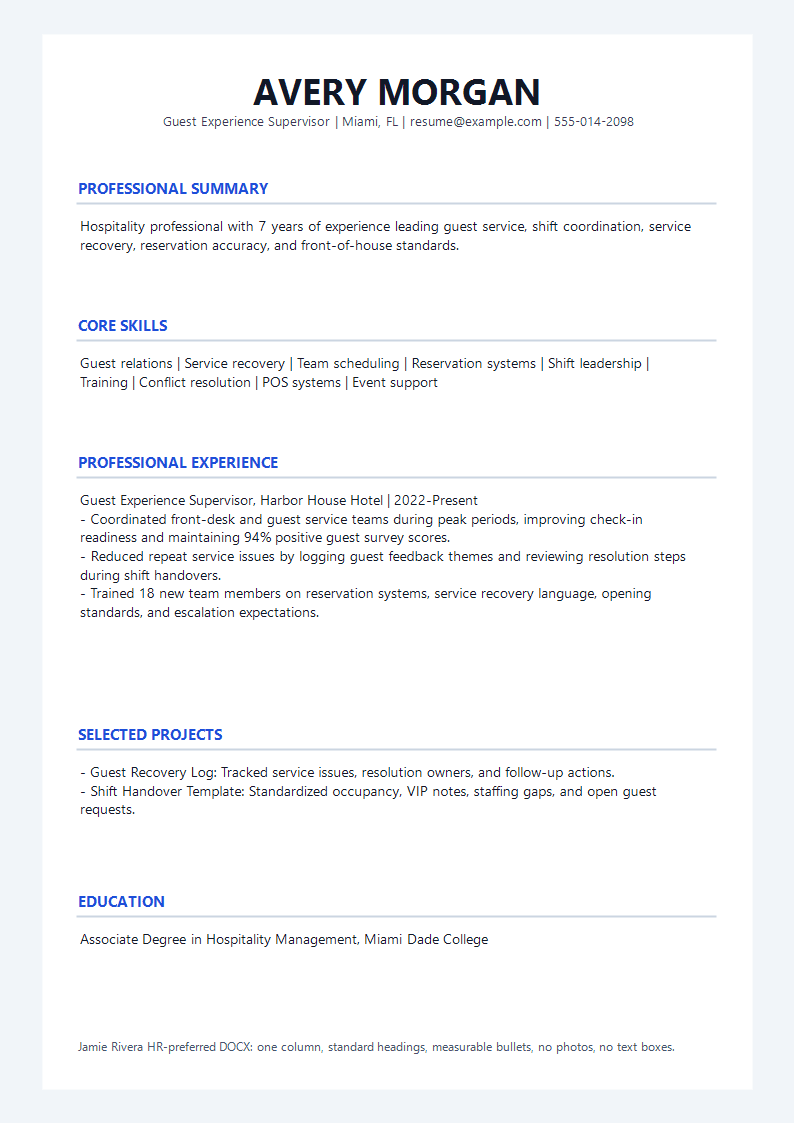 Hospitality HR Preferred Resume preview