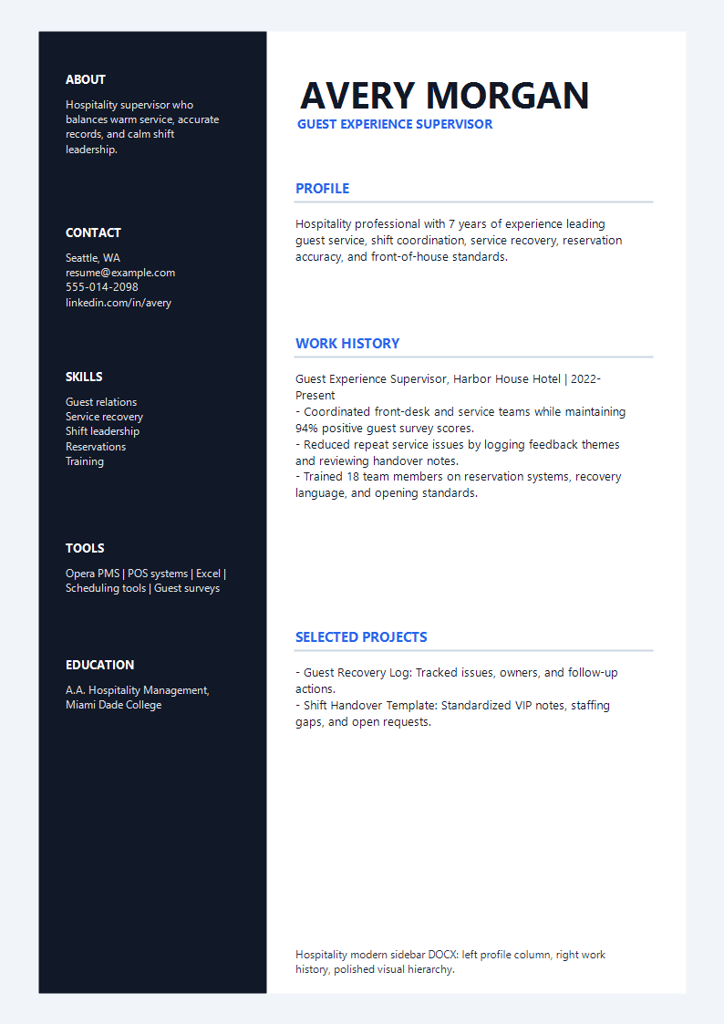 Hospitality Modern Sidebar Resume preview