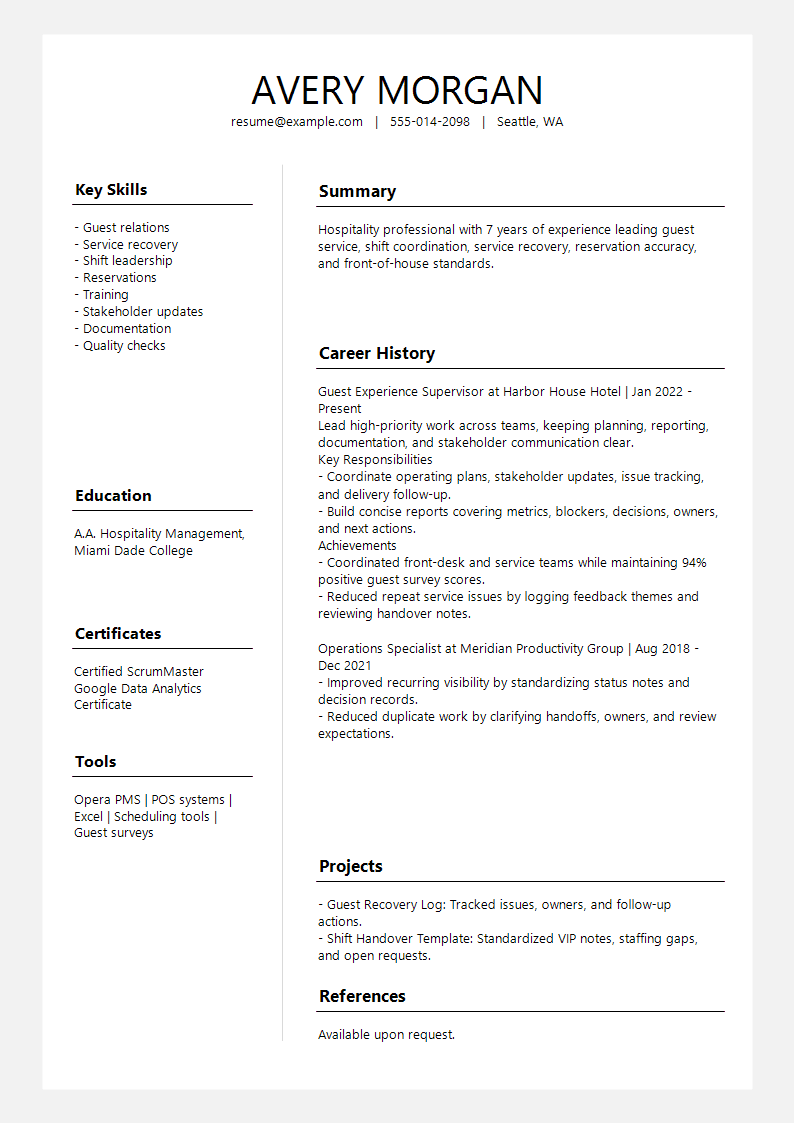 Hospitality Slate Profile Split Resume preview