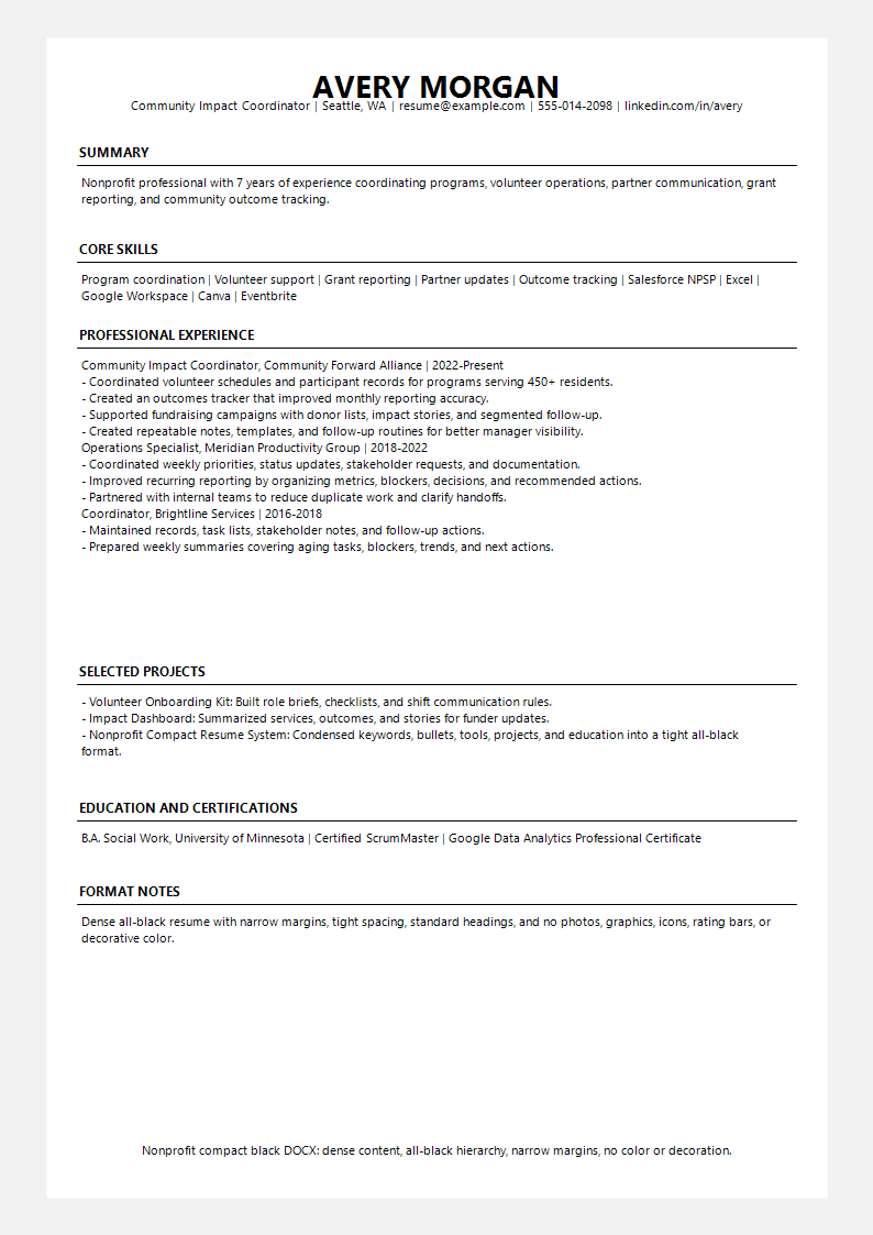 Nonprofit Compact Black Resume preview
