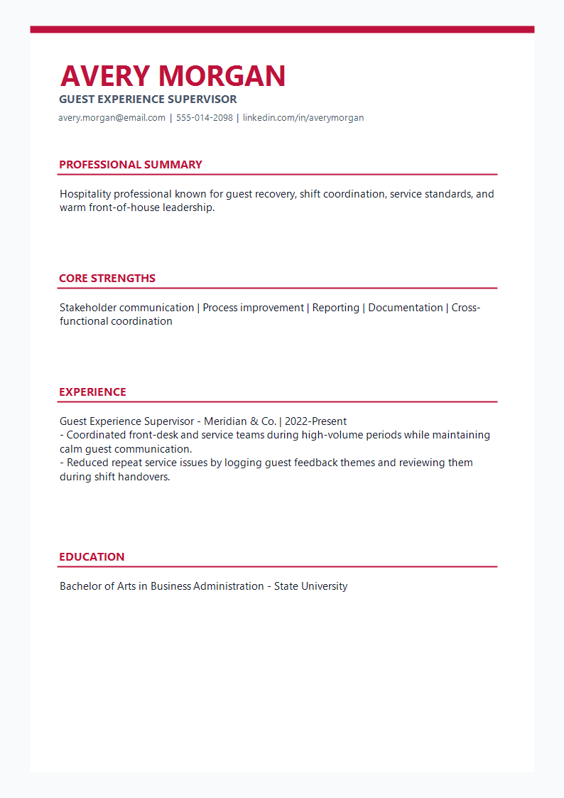 Guest Experience Resume preview