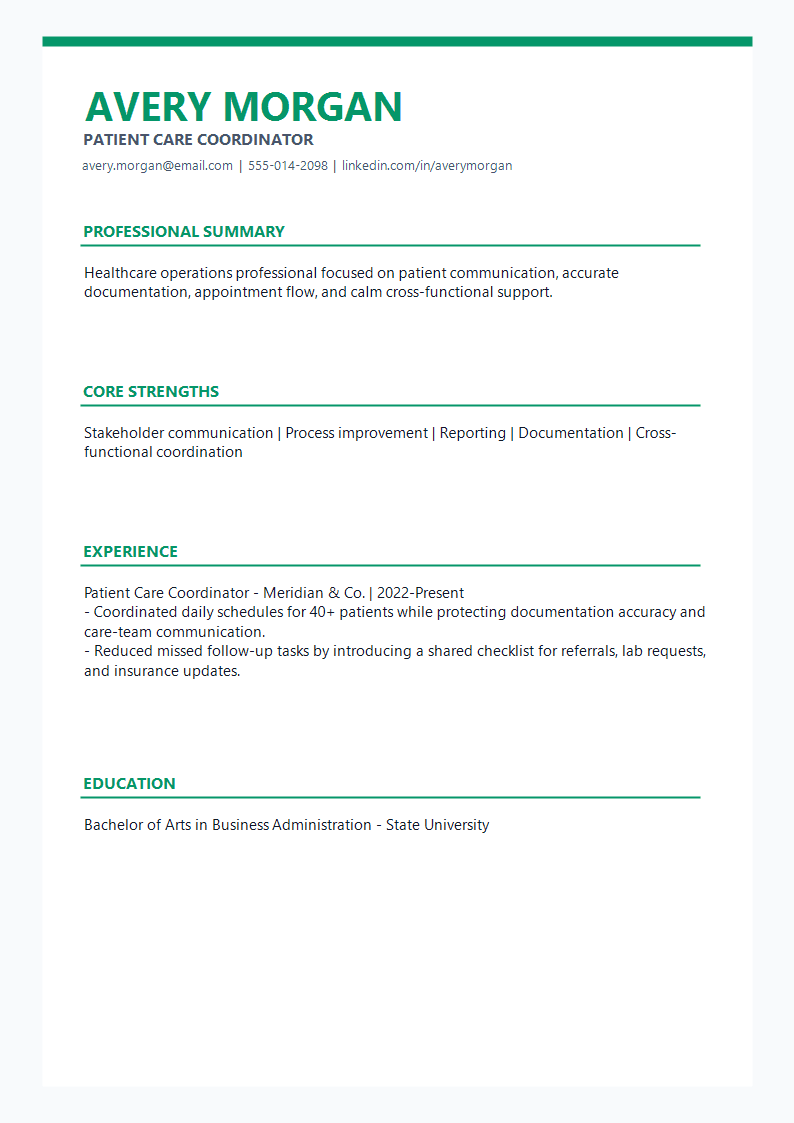Patient Care Coordinator Resume preview